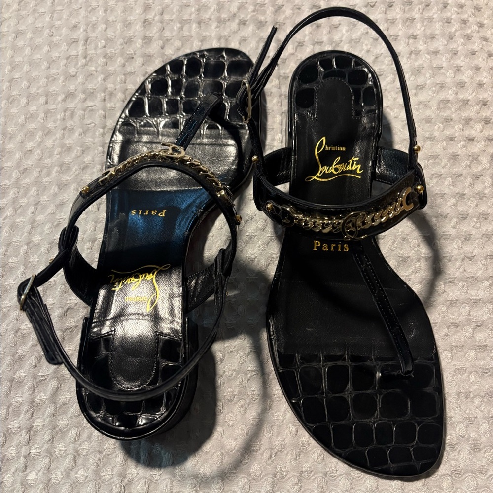 Christian Louboutin 37.5 Black Croc-Embossed Sandals